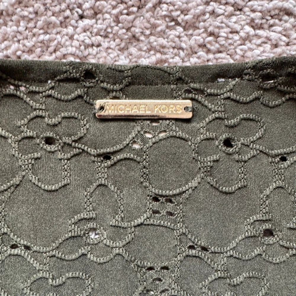Michael Kors Womens Small Olive Green Eyelet Ruffle Cap Sleeve V-Neck Top